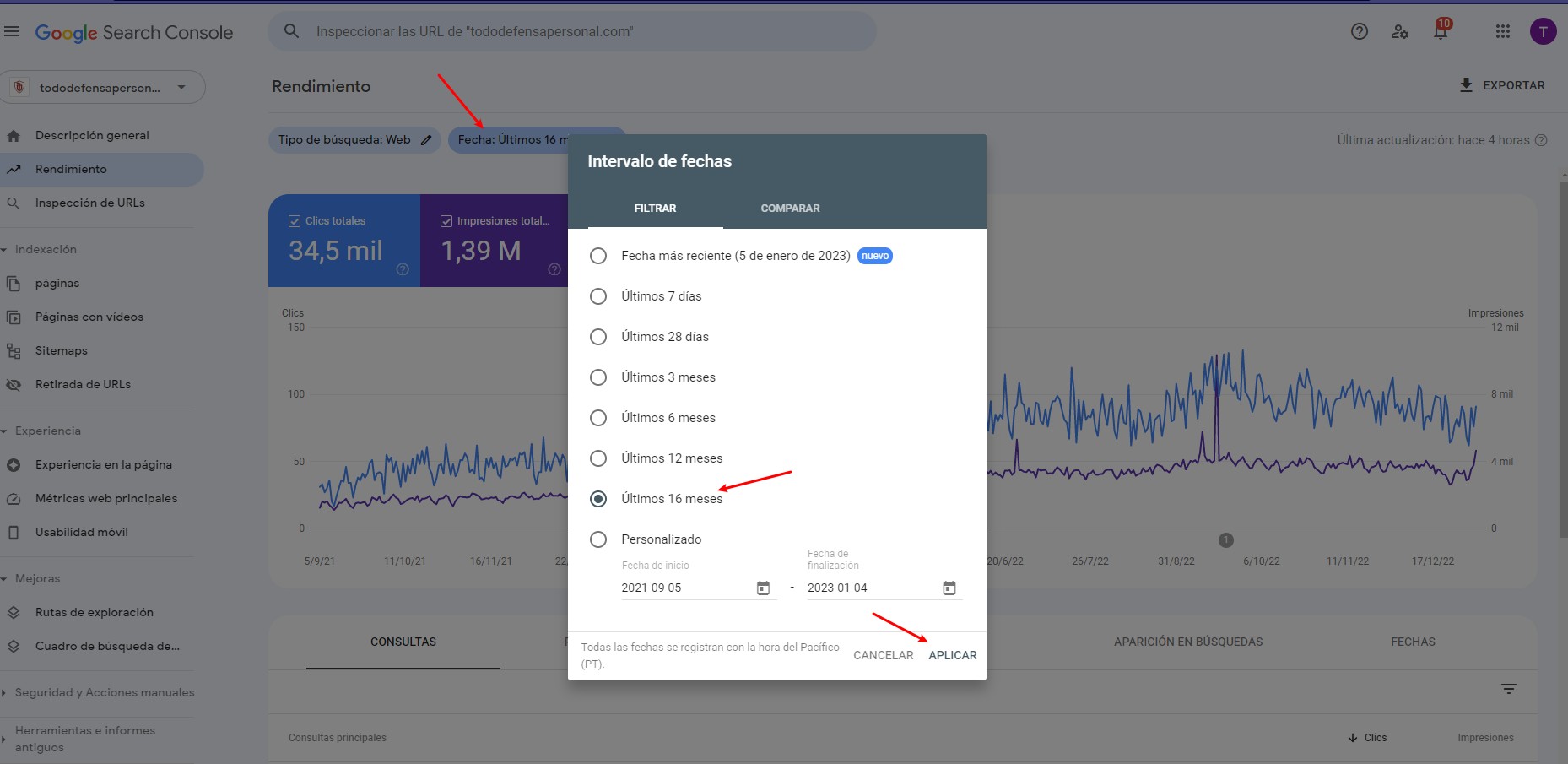Seleccionar fecha en Search Console